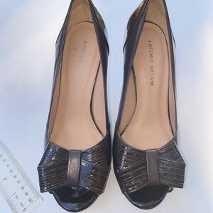 Antonio Melani Women's Peep Toe Bow Heels Pumps Dress‎ Shoes Dark Brown Patent